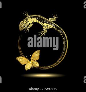 golden lizard with a butterfly on a black background Stock Vector