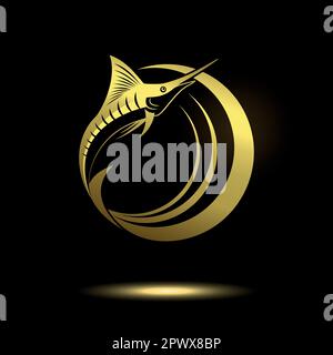 icon marlin fish in gold color on a black background Stock Vector