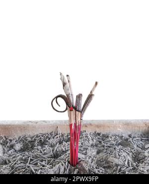 Incense sticks and incense burnersisolated on white background (Thailand style) Stock Photo