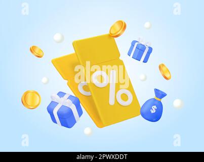 Yellow coupon with a percentage sign and flying gift box. For online sales and favorable prices. 3D Vector Pouch Money bag and coins, Online payment, Business and finance concept. vector illustration. Vector illustration Stock Vector
