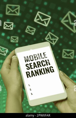 Text caption presenting Mobile Search Ranking, Business overview website or page is ranked within search engine results Stock Photo