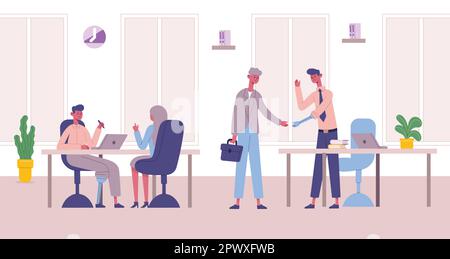 Handicapped people working in office. Inclusive workplace with people with disabilities. Men with hand and leg prosthesis talking to clients. Diverse Stock Vector
