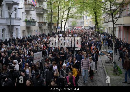 Berlin, Germany. 01st May, 2023. A demonstration marches through the city. Left-wing and radical left-wing groups had called for a Labor Day demonstration under the slogan 'Revolutionary May 1. Credit: Hannes Albert/dpa/Alamy Live News Stock Photo