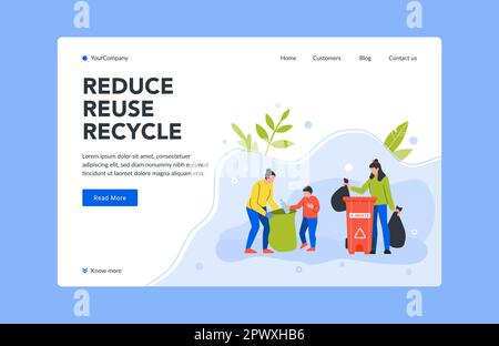 Reduce reuse and recycle trash landing page. Protecting environment from pollution. People collecting litter in different rubbish bins. Characters sor Stock Vector