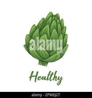 Vector illustration of artichoke with lettering. Colorful sketch of cabbage healthy vegetables with inscription. Natural food clipart with quote Stock Vector