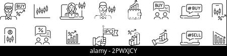 Stock market trading strategies. Financial investment growth. Trader, IPO, app. Pixel perfect, editable stroke icons set Stock Vector