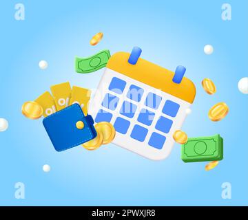 3D Calendar with wallet, coupons, vouchers, paper money, golden coins and falling coins. Check in every day and get bonus and cash prize. Salary schedule. Plan payment concept. 3d vector illustration. Vector illustration Stock Vector