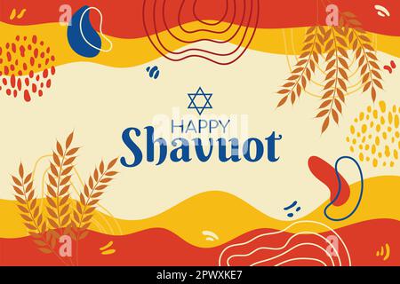 Happy Shavuot Horizontal Background Vector Illustration. Traditional Jewish holiday graphic. Memphis Concept Wheat Grain Flat banner design. Israel Stock Vector