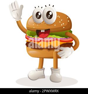 Cute burger mascot design waving hand. Burger cartoon mascot character design. Delicious food with cheese, vegetables and meat. Cute mascot vector ill Stock Vector