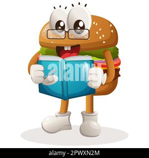 Cute burger mascot design reading a book, recipe book. Burger cartoon mascot character design. Delicious food with cheese, vegetables and meat. Cute m Stock Vector