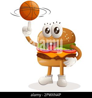 Cute burger mascot design playing basketball, freestyle with ball. Burger cartoon mascot character design. Delicious food with cheese, vegetables and Stock Vector