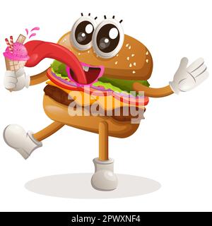 Cute burger mascot design eat ice cream, ice cream cone. Burger cartoon mascot character design. Delicious food with cheese, vegetables and meat. Cute Stock Vector