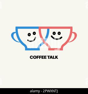 Coffee talk icon, two cups of coffee, tea. Funny faces, smile on mugs, meeting friends in cafe Stock Vector