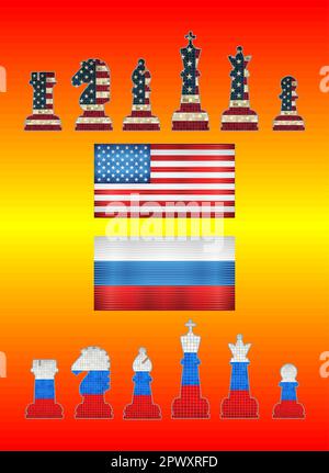USA vs Russia - Illustration,  Chess pieces with USA flag and Chess pieces with Russia flag Stock Vector