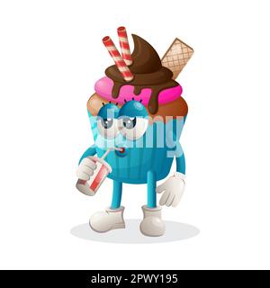 Cute cupcake mascot drinking soda, cola. Perfect for food store, small business or e-Commerce, merchandise and sticker, banner promotion, food review Stock Vector