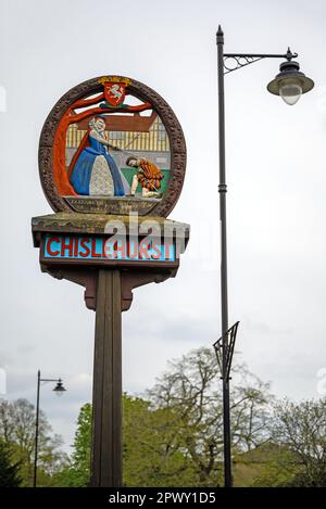 Chislehurst, Kent, UK: Chislehurst old village sign at Royal Parade. Chislehurst is in the Borough of Bromley, Greater London. Stock Photo