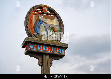 Chislehurst, Kent, UK: Chislehurst old village sign at Royal Parade. Chislehurst is in the Borough of Bromley, Greater London. Stock Photo