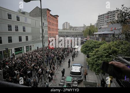 Berlin, Germany. 01st May, 2023. A demonstration marches through the city. Left-wing and radical left-wing groups had called for a Labor Day demonstration under the slogan 'Revolutionary May 1. Credit: Michael Kappeler/dpa/Alamy Live News Stock Photo