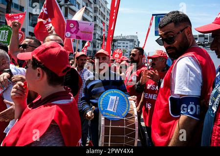 Izmir, Turkey. 01st May, 2023. A man seen playing the drums. International Workers' Day, also known as 'Labour Day' or just 'May Day' is celebrated in Izmir Gündo?du Square. It is a celebration of the working classes and happen every year on 1 May. (Photo by Murat Kocabas/SOPA Images/Sipa USA) Credit: Sipa USA/Alamy Live News Stock Photo