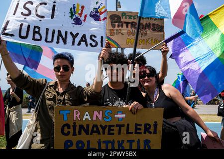 Izmir, Turkey. 01st May, 2023. LGBT protesters pose in the field. International Workers' Day, also known as 'Labour Day' or just 'May Day' is celebrated in Izmir Gündo?du Square. It is a celebration of the working classes and happen every year on 1 May. (Photo by Murat Kocabas/SOPA Images/Sipa USA) Credit: Sipa USA/Alamy Live News Stock Photo