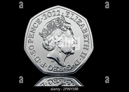 Obverse of a 2022 50p coin featuring the Fifth coin portrait of Queen Elizabeth II by Jody Clark Stock Photo