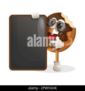 Cute donut mascot holding menu black Board, menu board, sign board. Perfect for food store, small business or e-Commerce, merchandise and sticker, ban Stock Vector
