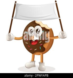 Cute donut mascot holding blank banner. Perfect for food store, small business or e-Commerce, merchandise and sticker, banner promotion, food review b Stock Vector