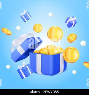 3d gift box opening with flying gold coins and gift box . The concept of cryptocurrency bonus. Opening gift box with coins, percent and payment. 3d vector illustration. Vector illustration Stock Vector