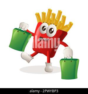 Cute french fries mascot happy shopping. Perfect for food store, small business or e-Commerce, merchandise and sticker, banner promotion, food review Stock Vector