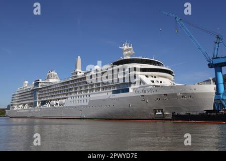 The cruise ship Silver Nova is moored in front of the Meyer shipyard in Papenburg on April 30, 2023. Stock Photo