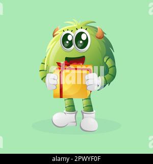 Cute green monster holding gift box. Perfect for kids, small business or e-Commerce, merchandise and sticker, banner promotion, blog or vlog channel Stock Vector