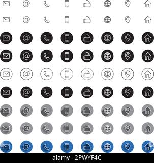 Contact icons - email, phone, fax, mobile phone, location, address, web site. Positive, negative, monochrome, color, shadow, gradient Stock Vector