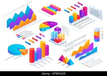 Isometric infographic. 3D graph chart. Data circle or line visualization. Graphic number analysis. Color steps on business timeline. Finance diagram p Stock Vector