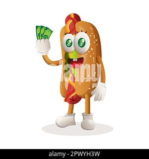 Cute hotdog mascot holding money. Perfect for food store, small business or e-Commerce, merchandise and sticker, banner promotion, food review blog or Stock Vector