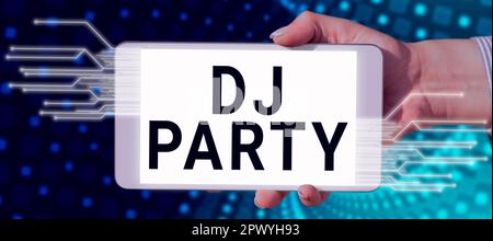 Conceptual caption Dj Party, Internet Concept person who introduces and plays recorded popular music on radio Stock Photo