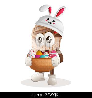 Cute ice cream mascot wearing the bunny cap with holding easter egg in basket. Perfect for food store, small business or e-Commerce, merchandise and s Stock Vector