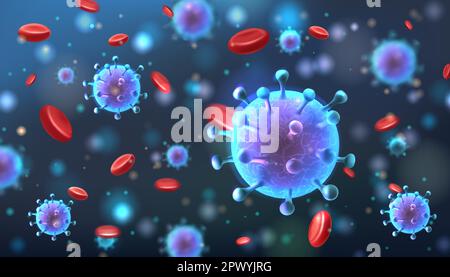 Corona virus bacteria. Coronavirus cell, 3d macro blood, health or sick macro disease, pathogen microbe life. infection wallpaper. Medicine web banner Stock Vector