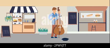 Cello player. Young man playing violoncello on city street. Fastfood and pastry kiosks. Musician with musical instrument. Urban outdoor summer festiva Stock Vector