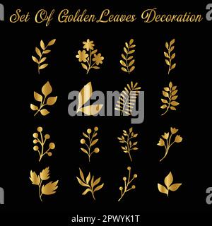 Gold flowers and leaves, cutout glyph set vector illustration. Golden silhouettes of luxury tropical blossom and leaf of exotic plant, elegant decorat Stock Vector