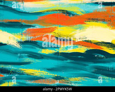 Concrete wall surface painted of various colors as abstract multi-colored background texture. Turquoise, yellow, orange and green paint strokes Stock Photo