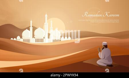 Islam prayer, mosque on desert background. Muslim ramadan kareem, eid mubarak celebration, pray and fasting on sand landscape. Arab religion holidays. Stock Vector