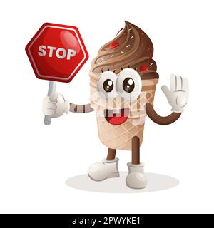 Cute ice cream mascot holding stop sign, street sign, road sign. Perfect for food store, small business or e-Commerce, merchandise and sticker, banner Stock Vector