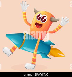 Cute orange monster flying on rocket. Perfect for kids, small business or e-Commerce, merchandise and sticker, banner promotion, blog or vlog channel Stock Vector