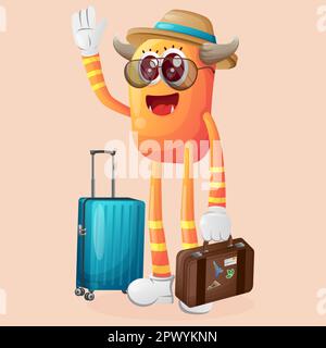 Cute orange monster on vacation carrying a suitcase. Perfect for kids, small business or e-Commerce, merchandise and sticker, banner promotion, blog o Stock Vector