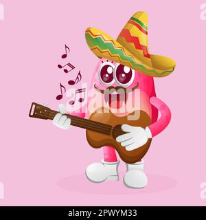 Cute pink monster wearing mexican hat with playing guitar. Perfect for kids, small business or e-Commerce, merchandise and sticker, banner promotion, Stock Vector