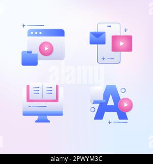 E-learning education flat line icons. Set of graduation cap, training, desktop, laptop, learn online, webinar notebook, research information, media social and more. Editable Strokes. 3d modern design. Vector illustration Stock Vector