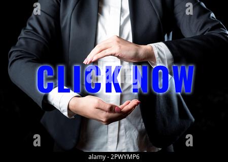 Text caption presenting Click Now, Word Written on pressing the button signifies subscribing to push notifications Stock Photo