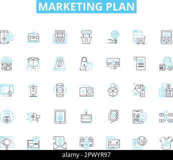 Marketing plan linear icons set. Strategy, Objectives, SWOT, Segmentation, Differentiation, Positioning, Branding line vector and concept signs Stock Vector