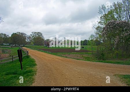 View of Historic Longstreet Farm from nature trail at Holmdel Park, New Jersey, on a cloudy spring day -03 Stock Photo
