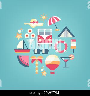 vector set of summer, traveling icons. Flat modern style, can use it for web, phone. Traveling on air balloon, planning a summer vacation, tourism and Stock Vector